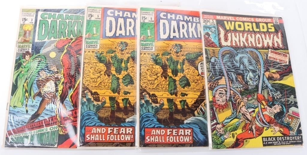 MARVEL CHAMBER OF DARKNESS HORROR COMICS (6): Lot of six comics from the Bronze Age horror revival, to include Chamber of Darkness issues # 3 (two copies), 5 (three copies), and 8 and Worlds Unknown issue #5. Condition: See pictures. Comic books