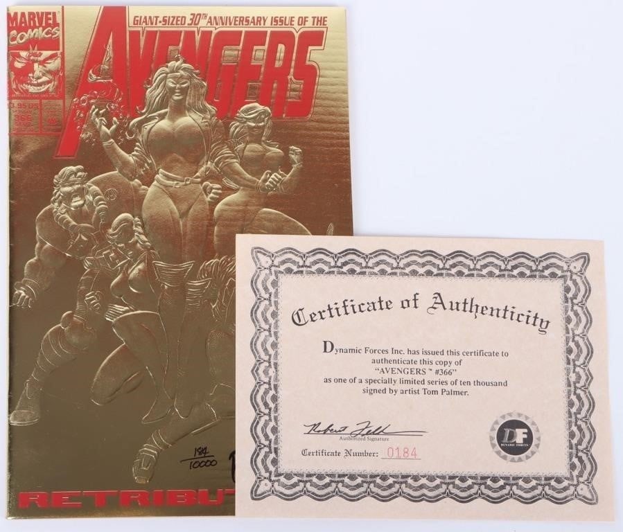 AVENGERS #366 SIGNED TOM PALMER COMIC W/ COA: Avengers #366 signed Tom Palmer comic with a certificate of authenticity and numbered 184/10000. Condition: See images. Comic books Marvel Modern Age (1985-Present) Raw Book(s)