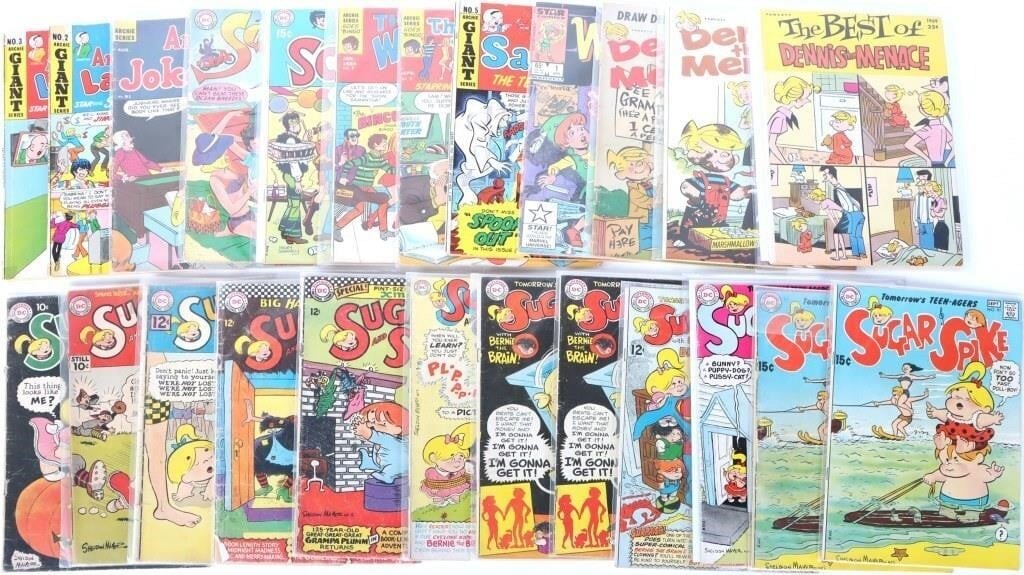 ARCHIE COMICS DENNIS THE MENACE SUGAR & SPICE LOT: Assorted Silver and Bronze Age children's comics. Archie T. V. Laugh-Out #2 & 3, Archie's Joke Book #91, Swing with Scooter #10 & 23, That Wilkin Boy #1 & 7, Sabrina the Teen-Age Witch #5, Wally the