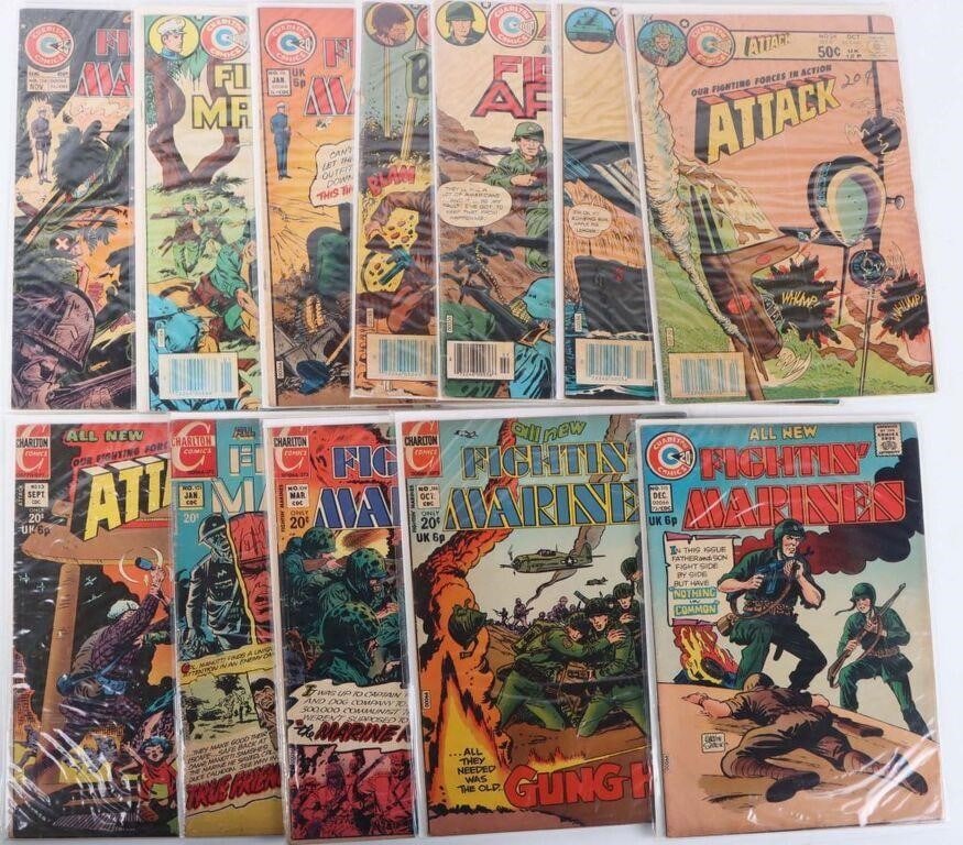 CHARLTON COMICS SUPER COLLECTION (12): Charlton Comics Super Collection (12). To include Battlefield Action #70, Fightin' Army #130, World at War #36, Attack #13 & 24, Fightin' Marines #101, 109, 114, 115, 116, 119 & 154. Condition: Very