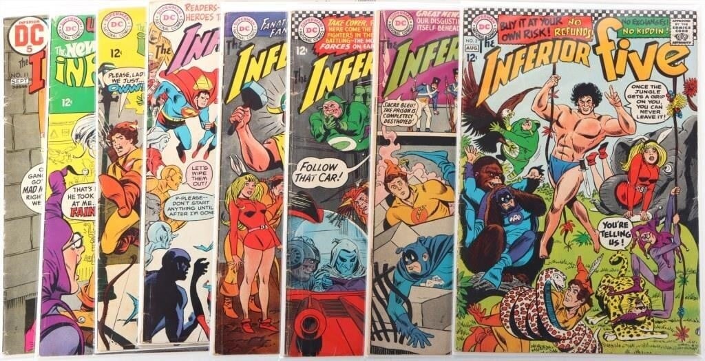 DC THE INFERIOR FIVE 1, 3-7, 9, & 11 SLEEVED: Lot of eight comics from the DC series The Inferior Five, a superhero parody, to include issues # 1, 3-7, 9, and 11. Sleeved. Condition: See pictures. Comic books DC Silver Age (1956-1970) Raw Book(s)