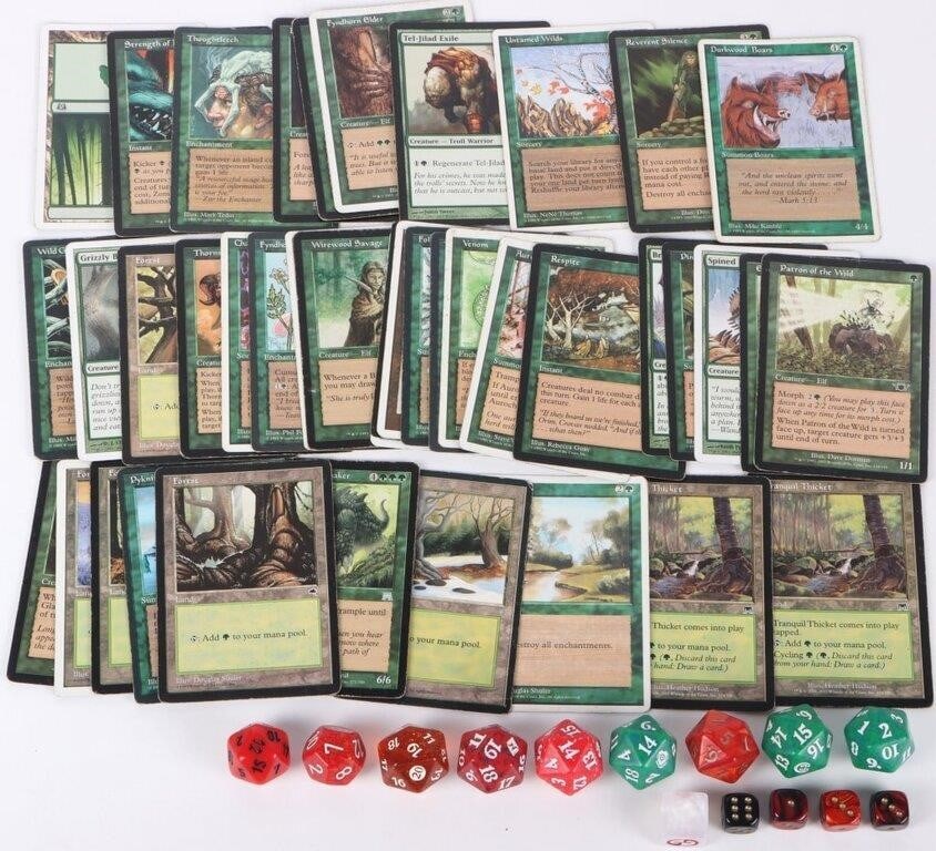 1995-2003 MAGIC THE GATHERING CARDS & DICE: 1995-2003 Collectible magic the gathering trading cards to include 41 cards total, some cards may have duplicates and are from mixed decks. Notable cards include Spined Wurm, Respite, Touch of Vitae, 