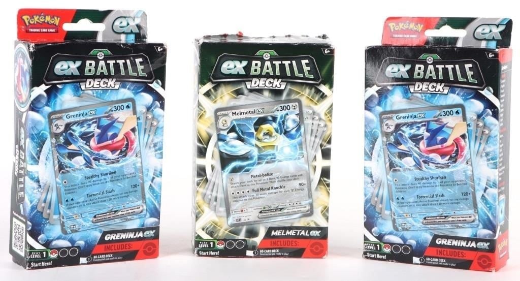 POKEMON TCG EX BATTLE DECK LOT OF 3: Pokemon TCG Ex Battle Deck lot of 3 to include: 2 sealed Greninja EX Battle Decks and a MelMetal Ex Battle deck that is brand new. Box has been opened nothing has been used. Condition: Very Fine