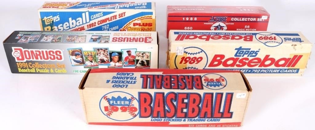 COMPLETE BASEBALL CARD SETS 1988 - 1992: Five years of complete baseball card sets from 1988 - 1992 to include, 1988 Score, 1989 Topps, 1990 Fleer, 1991 Donruss and 1992 Topps sets. Condition: All are in their original packaging.