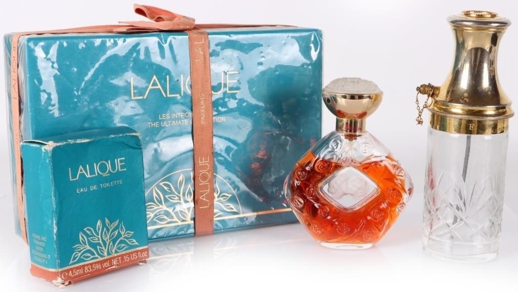 VINTAGE LALIQUE & BREVET?‰ PERFUME BOTTLES (4): Lot of four vintage pieces of perfume, to include a Lalique Les Introuvables The Ultimate Collection three-pack (sealed with original ribbon), a mini Lalique Eau de Toilette (Washroom Water) perfume w