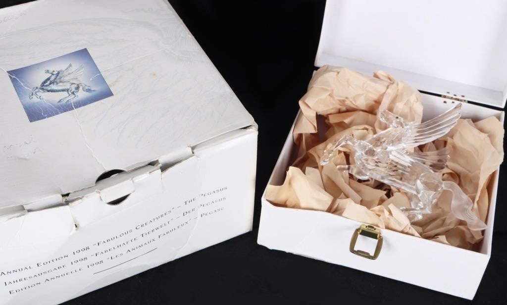 SWAROVSKI PEGASUS 1998 FABULOUS CREATURES W/ BOX: Swarovski 1998 Pegasus from the Fabulous Creatures series. Includes original box and most of the original packaging. Size: 6 x 5 x 3" Condition: See pictures. The box is worn.