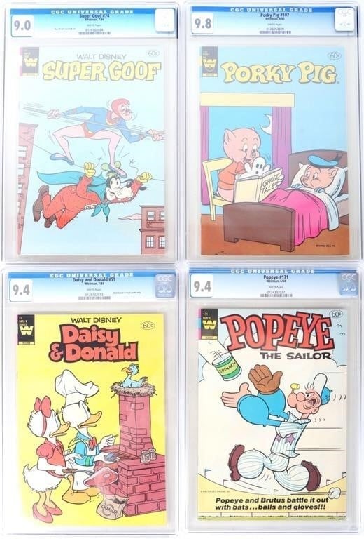 DISNEY, PORKY PIG, POPEYE COMICS LOT CGC GRADED: Lot of Disney, Porky Pig, and Popeye Bronze Age comics. Super Goof #74 CGC 9.0, Daisy & Donald #59 CGC 9.4, Porky Pig #107 CGC 9.8, and Popeye #171 CGC 9.4. CGC are new label. Condition: See desc. Com