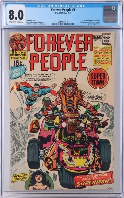 FOREVER PEOPLE #1 JACK KIRBY DC CGC 8.0 DARKSEID: The Forever People #1 by Jack Kirby and Marv Wolfman. To include the first full appearance of Darkseid (third overall). CGC 8.0. Condition: CGC 8.0 Comic books DC Bronze Age (1970-1985) Graded and Sla