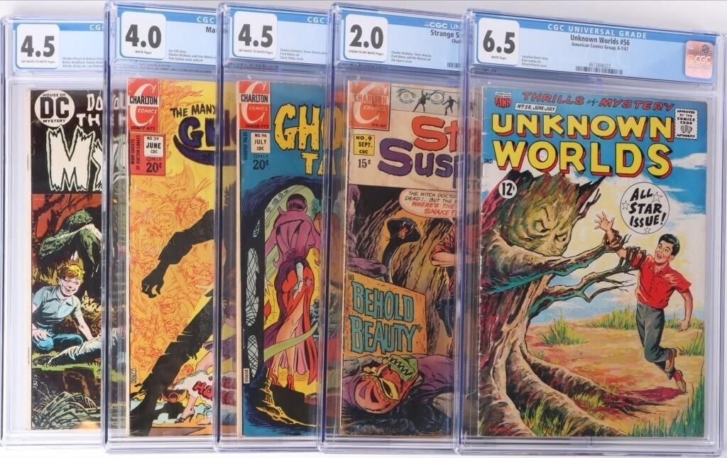 HORROR COMICS SILVER/BRONZE AGE CGC GRADED (5): lot of five CGC graded horror comics, to include Unknown Worlds #56 (CGC 6.5), Strange Suspense Stories #9 (CGC 2.0), All New Ghostly Tales #96 (CGC 4.5), The Many Ghosts of Dr Graves (CGC 4.0), and H