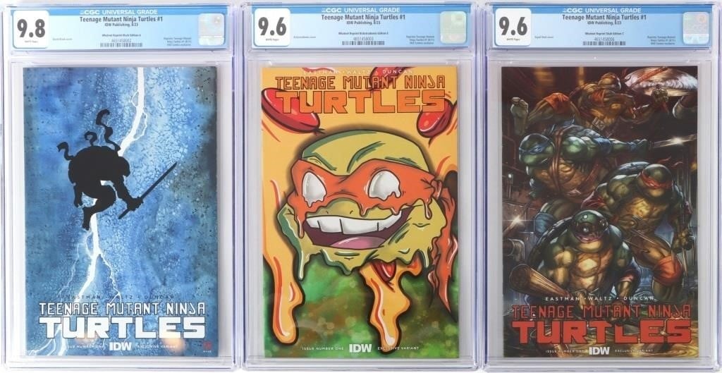 IDW TMNT #1 2023 REPRINT COVER VARS CGC 9.6-9.8 -3: Lot of three CGC graded cover variants of the 2023 reprint of IDW's Teenage Mutant Ninja Turtles #1 (2011), to include the Kickstradomis variant (CGC 9.6), the Sajad Shah variant (CGC 9.6), and the Da