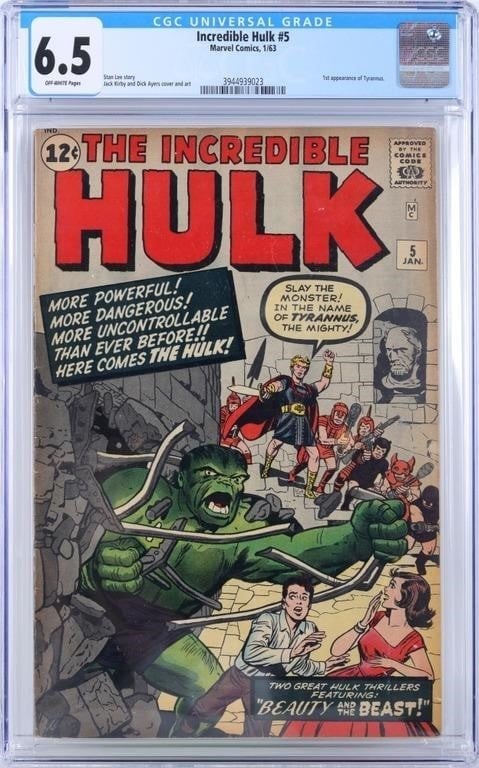 INCREDIBLE HULK #5 1963 CGC 6.5 1ST APP TYRANNUS: The Incredible Hulk #5, a Silver Age Marvel comic from 1963, to include the first appearance of Tyrannus, an immortal Roman emperor who is later revealed to be associated with the Deviants. CGC graded