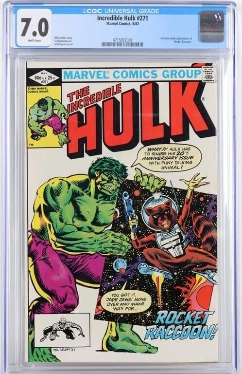 INCREDIBLE HULK #271 1ST APP ROCKET RACCOON CGC 7: Incredible Hulk #271, to feature the first appearance of Rocket Raccoon (technically second as the character appeared in Marvel Preview #7 as 'Rocky Raccoon'). CGC graded 7.0. Condition: CGC 7.0 Comic