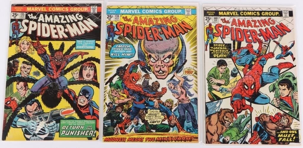 ASSORTED AMAZING SPIDER-MAN KEY COMICS - (3): Assorted Amazing Spider-Man Bronze Age key comics to include issue #135, 138, & 140. #135 features the 2nd appearance and full origin story of Punisher, #138 features the 1st appearance & origin of