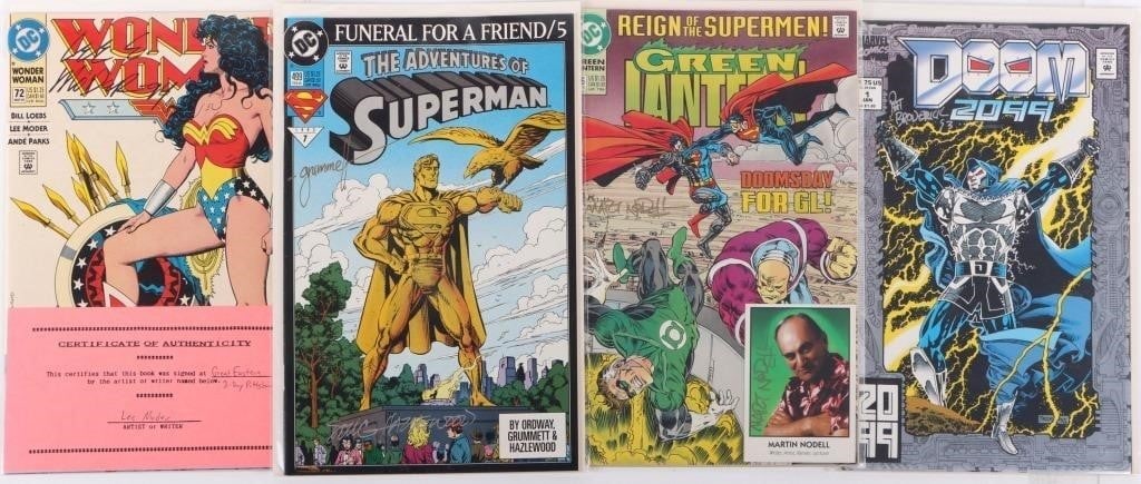 AUTOGRAPHED DC COLLECTIBLE COMIC BOOKS - (4): Autographed DC collectible comic books to include one Martin Nodell autographed photo card with Green Lantern #46 comic ('Reign of the Supermen' tie-in), one Pat Broderick autographed Doom 2099 #1 (1s