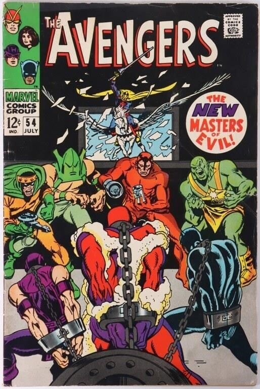 AVENGERS #54 1ST ULTRON CAMEO SILVER AGE MARVEL: Avengers #54, a Silver Age Marvel comic which features the first cameo appearance of Ultron as the Crimson Cowl. The piece appears to be a high grade. Condition: Appears to be a high grade, see pictur