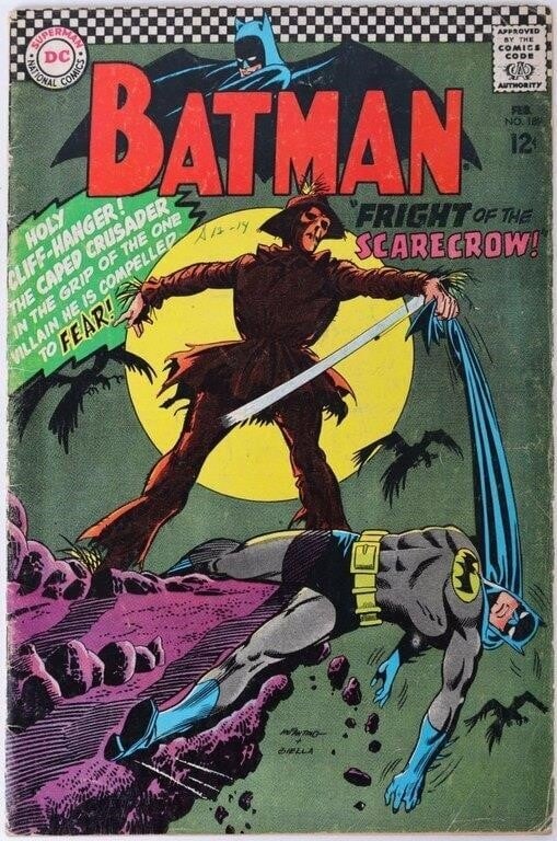 BATMAN #189 1ST SILVER AGE SCARECROW APP VG+: Batman #189, a Silver Age DC comic which features the first appearance of the Scarecrow in the Silver Age and his third appearance overall as well as the first appearance of his iconic fear chemicals.