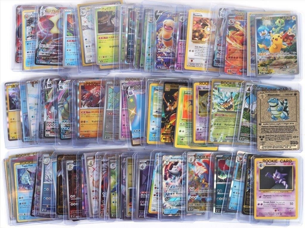 POKEMON COLLECTIBLE ENGLISH & JAPANESE CARDS: Pokemon collectible English and Japanese cards, holos included. Years range from 1999-2024. Tatsugiri holo (226/191), Primarina GX (42/149), Braviary (214/191), and many more. 65 Cards total. Conditio