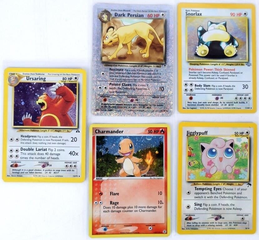RARE POKEMON TCG REVERSE HOLO DARK PERSIAN ETC (5): Lot of five rare Pokemon cards, to include holo Jungle Snorlax (11/64), Southern Islands Jigglypuff (8/18), holo Neo Discovery Ursaring (15/75), reverse holo Legendary Collection Dark Persian (6/110),