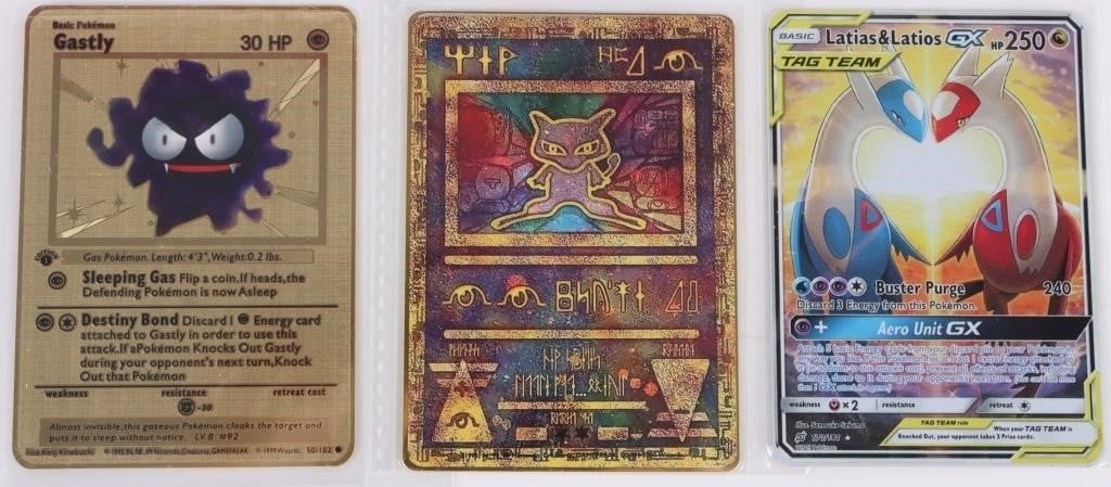 POKEMON VARIOUS METAL DISPLAY CARDS LOT OF 3: Pokemon various metal display cards lot of 3 to include: Ancient mew metal Pokemon card, Latias & Latios 170/181 silver metal display card, Gastly 50/102 1st edition base set metal display card. Condi