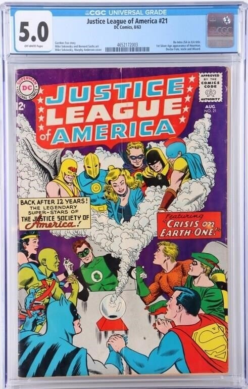 JUSTICE LEAGUE OF AMERICA #21 SILVER AGE JSA CGC 5: Justice League of America #21, a Silver-Age comic which reintroduced the Golden-Age Justice Society of America into the DC continuity and marked the first appearance of Hourman, Doctor Fate, Icicle, a