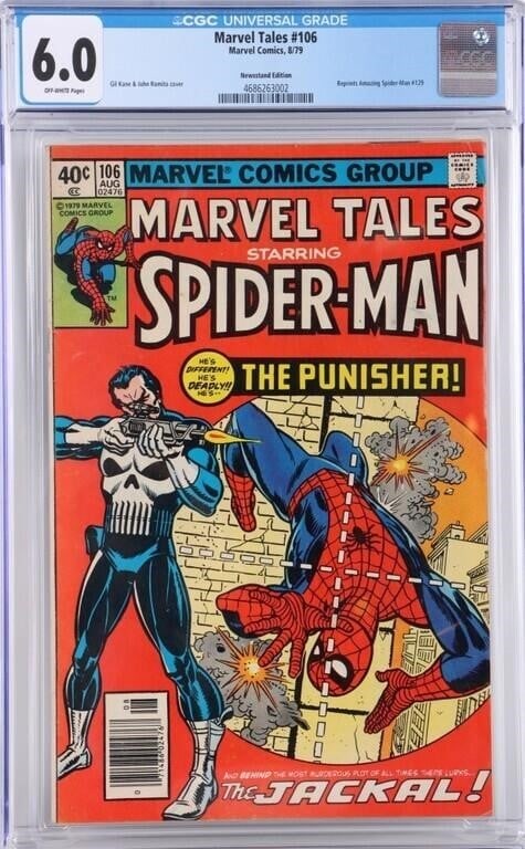 MARVEL TALES #106 NEWSSTAND VARIANT CGC 6.0: Marvel Tales #106. Published by Marvel Comics in 1979. To feature the first reprint of The Amazing Spider-Man #129 (1974), the Punisher's first appearance. Condition: CGC 6.0. Please refer to images. 
