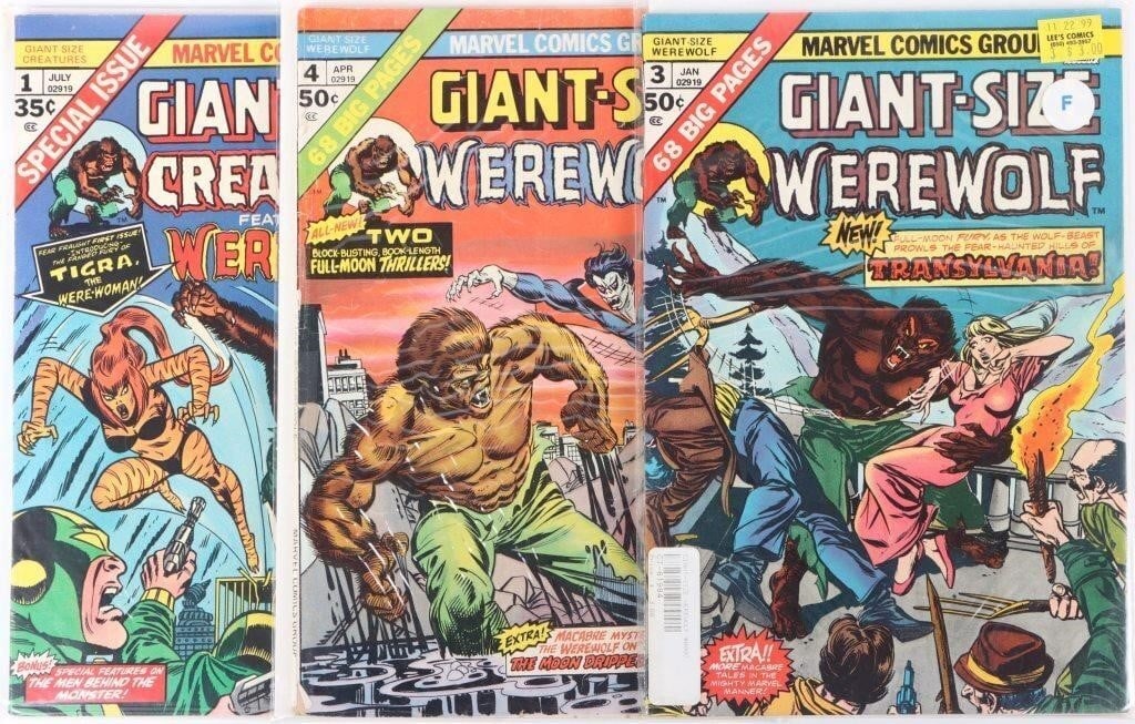 GIANT-SIZE CREATURES & WEREWOLF #1, 3, & 4: Giant-Size Creatures/Werewolf Issues #1, 3, & 4. Published by Marvel Comics in 1974. To feature the first appearance of Tigra, formerly Cat. First battle of Werewolf By Night vs Morbius. Condition: Ve
