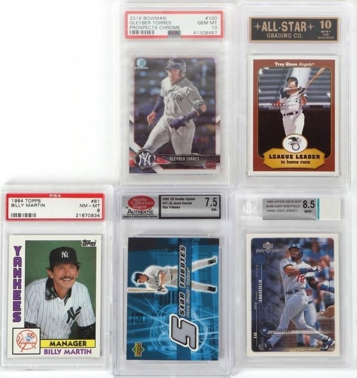 HIGH GRADE SLABBED COLLECTIBLE BASEBALL CARDS (5): High Grade slabbed collectible Baseball cards (5). To include 2018 Bowman Gleyber Torres PSA 10, 2001 Fleer Troy Glaus LL AS10, 1984 Topps Billy Martin PSA8, 2002 UD Jason Giambi Rookie Update SCD7.5,