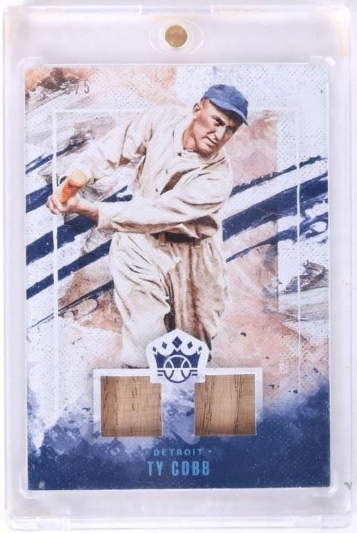 TY COBB BAT RELIC CARD PANINI DIAMOND KINGS 375 19: Ty Cobb bat wood relic card, #375 from Panini's 2019 Diamond Kings line. Rare piece, limited distribution. Enclosed in a thick protective case. Condition: See pictures. Sports cards Weight: Panini Raw