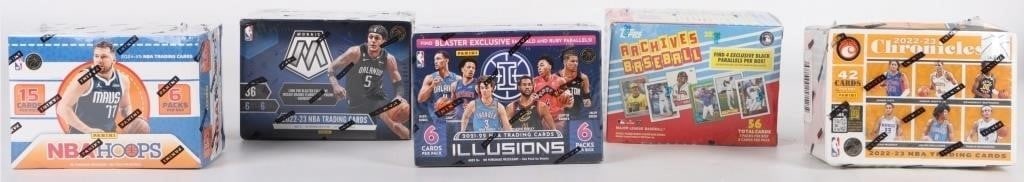VARIOUS SEALED BASKETBALL & BASEBALL TRADING CARDS: Various sealed basketball and baseball trading cards lot of 5. This lot includes 4 factory sealed Panini basketball trading card boxes and 1 factory sealed Topps Archives baseball trading card box. Co