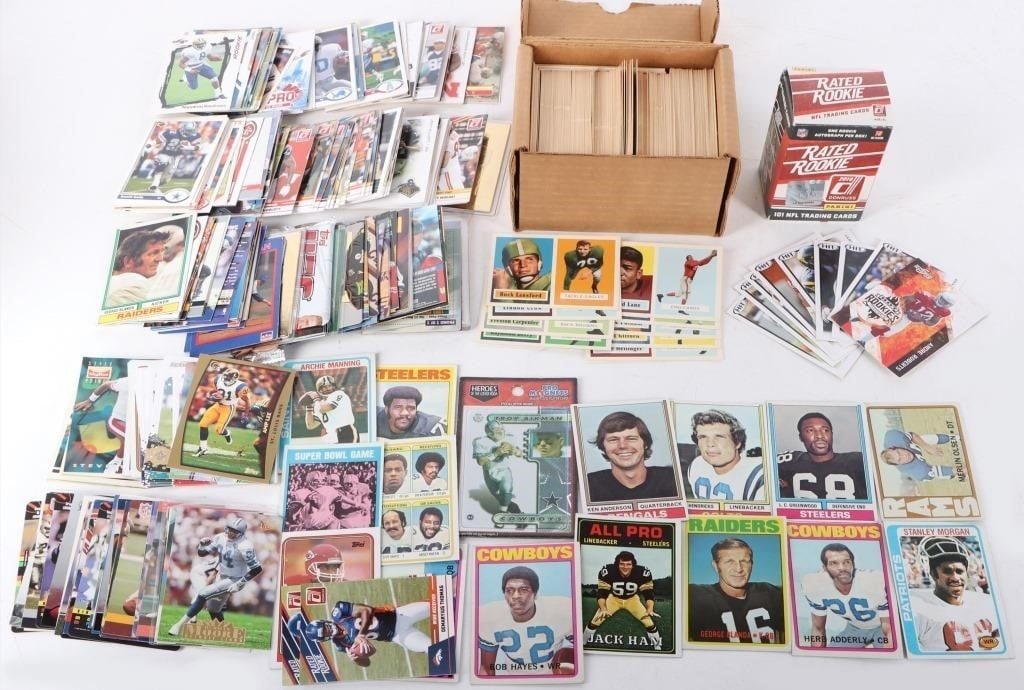 VINTAGE & MODERN COLLECTIBLE FOOTBALL CARDS: Vintage and modern collectible football cards to include one 1988 Carlos Carson #366 Topps cards, 1972 Topps #139 Super Bowl Game, two 1978 Topps cards, 1972 Topps #230 Joe Greene card, one 1974 Topps