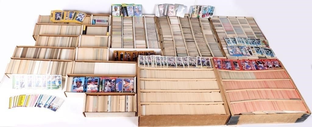 HUGE COLLECTION OF 1990-80'S BASEBALL CARDS & SETS: Huge collection of 1990's-19980's including mixed brands and years to include one set of 1993 Topps series 1, one set of 1992 Pinnacle, one set of Seattle Mariners team cards, one box of San Diego Pad