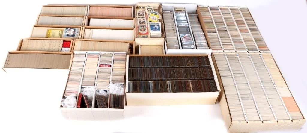 15K-20K UNSEARCHED 1980-90'S BASEBALL CARDS: Huge collection of 1990's-19980's including mixed brands and years to include one set of 1992 Fleer baseball, one set of 1988 Fleer, one large box of 1980's fleer baseball cards (with cases), one set 