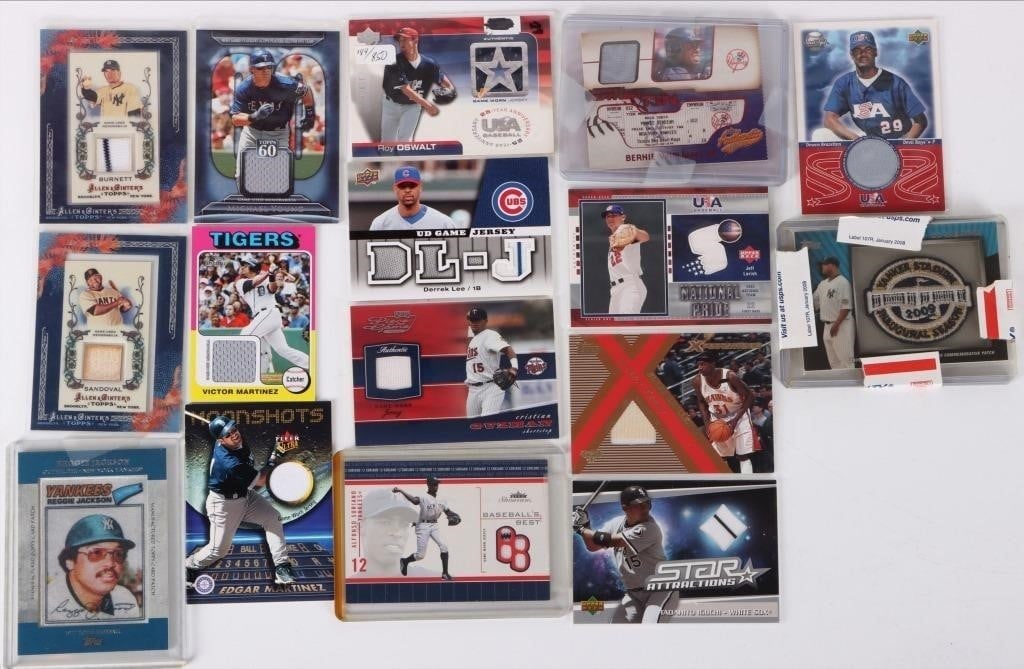 COLLECTIBLE SPECIAL JERSEY BASEBALL CARDS (15): Collectible Special Jersey baseball cards (15 total). To include inaugural patch cards, game-worn jersey cards, and more. Condition: Very fine, please refer to images. Sports cards Weight: Topps