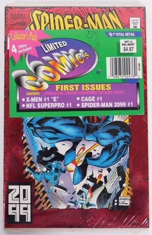 LIMITED COMICS COLLECTOR'S PACK FIRST ISSUES: Limited Comics Collector's Pack: First Issues. To include: ( ~9.6 estimate) Spider-Man 2099 #1, X-Men #1 'E', Cage #1, & NFL Superpro #1. Condition: Very fine, please refer to images. Comic books Marv