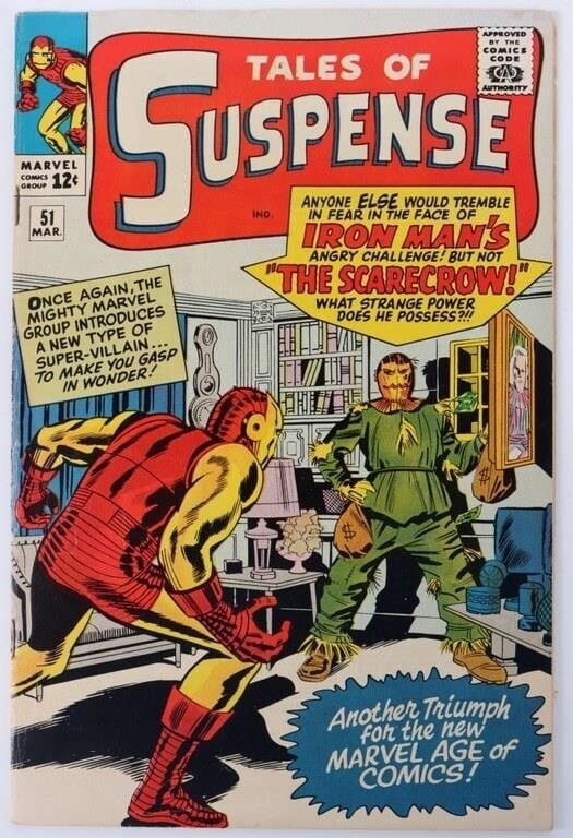 TALES OF SUSPENSE #51 IRON MAN MARVEL COMIC VF: Tales of Suspense #51, an early Iron Man comic which includes the first appearance of The Scarecrow, a supervillian who uses magic to manipulate his victim's fears (an obvious copy of DC Comics' Batma