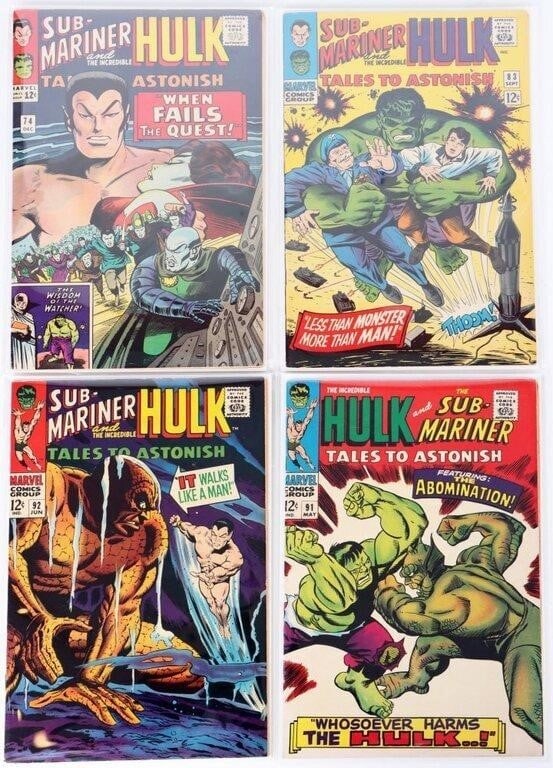 TALES TO ASTONISH HULK 2ND APP ABOMINATION (4): Lot of four Silver Age Tales to Astonish comics, all of which include Hulk and Sub-Mariner stories, to include issues #74, 83, 91 (second appearance and first cover appearance of Abomination), and 92.