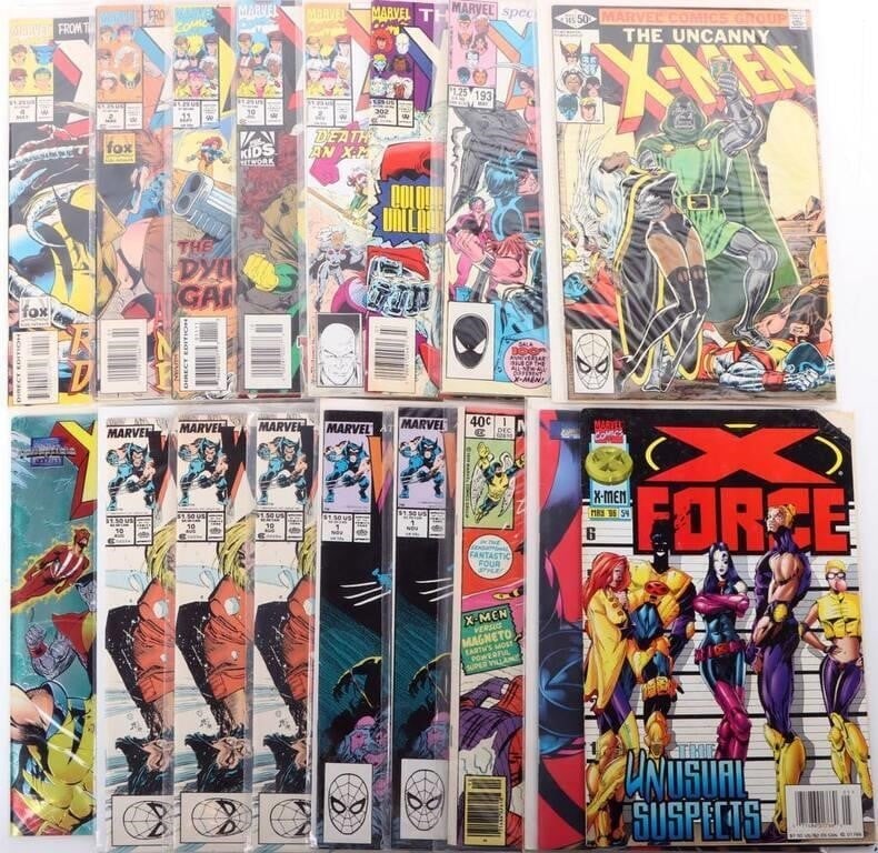 X-MEN X-FORCE & WOLVERINE COMICS LOT (17): Lot of seventeen X-Men comics, to include The Uncanny X-Men # 145 (iconic cover depicting Dr. Doom standing over the defeated X-Men), X-Men 193 (first appearance of Thunderbird's classic costume), and