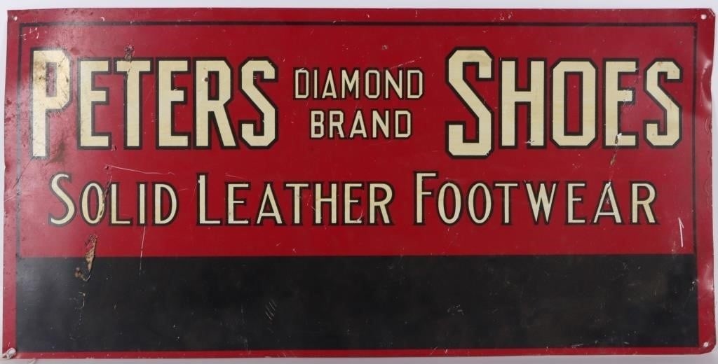 VINTAGE PETERS DIAMOND BRAND SHOES METAL SIGN: Vintage metal sign which reads "Peters Diamond Brand Shoes - Solid Weather Footwear". Size: 23.5 X 11.5" Condition: Wear commensurate with age, see pictures for more detail.