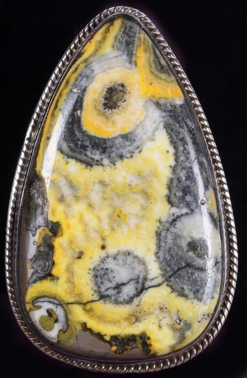 SW STYLE 925 LADIES RING W/ PEAR BUMBLEBEE JASPER: Southwest style sterling silver ladies ring with a large pear-shaped bumblebee jasper center stone. Stone Type: Bumblebee jasper Weight: 19.7 grams Size: US 8 Condition: NEW