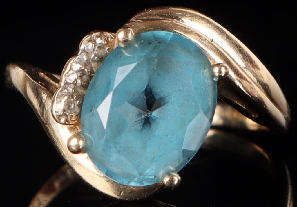 14K YELLOW GOLD BLUE TOPAZ DIAMOND LADIES RING (1 of 5)