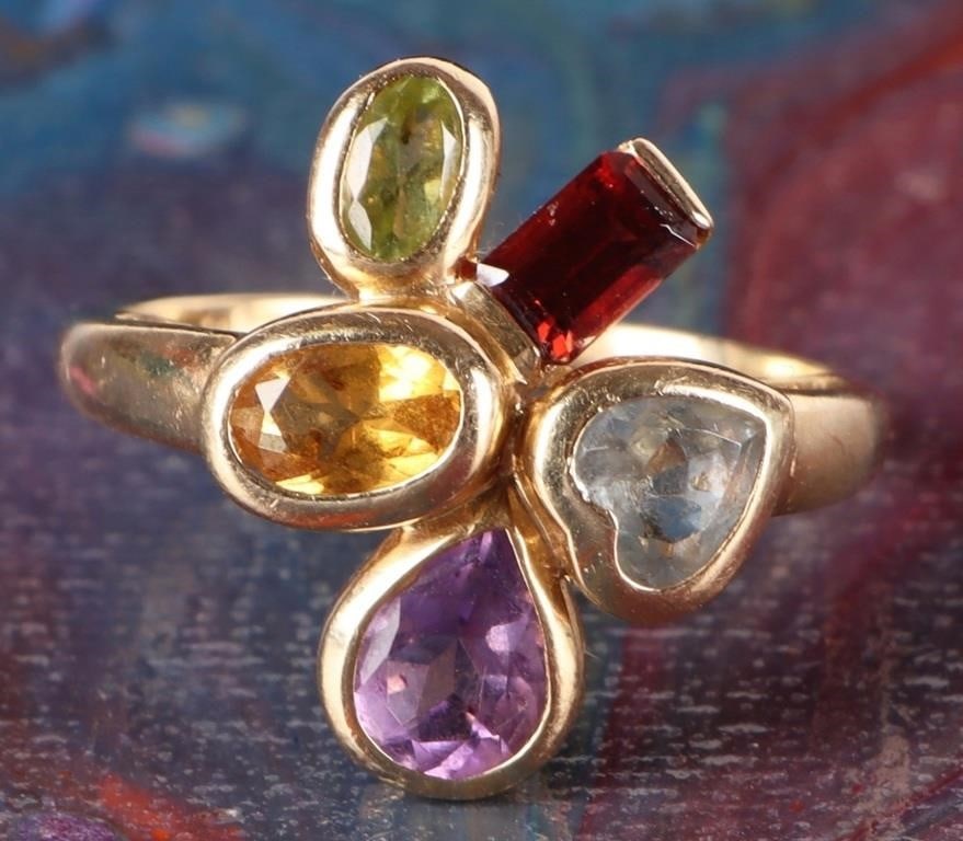 14K YELLOW GOLD ASSORTED GEM LADIES RING: 14K yellow gold assorted gem ladies ring. Gemstones to include one 0.40ct tear drop cut amethyst, one 0.33ct oval cut citrine, one 0.20ct oval cut peridot, one 0.33ct heart cut topaz, and one 0.15ct e