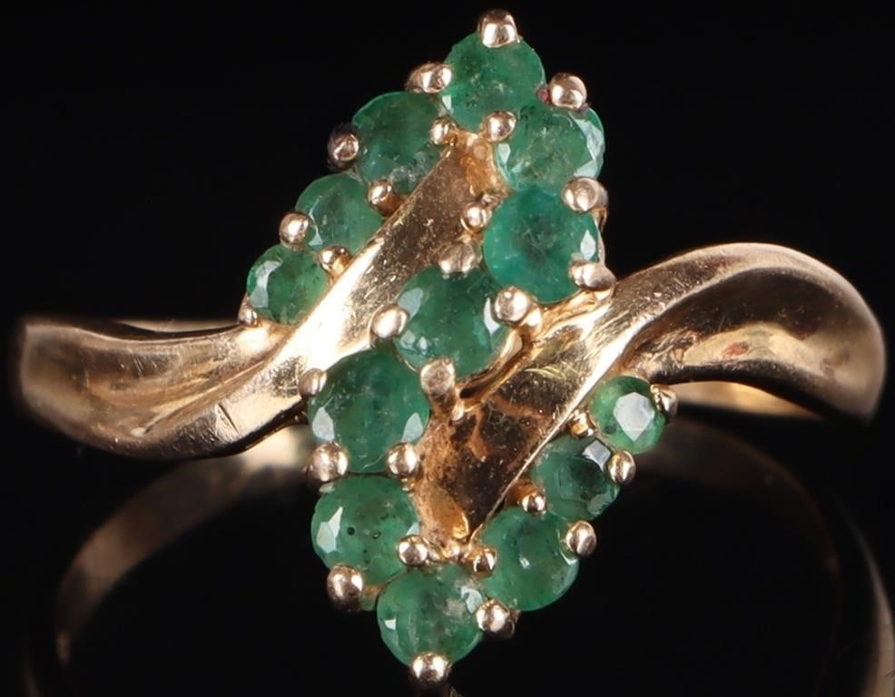 14K YELLOW GOLD EMERALD LADIES RING: 14K yellow gold emerald ladies ring. Gemstones to include four 0.07ct round cut emeralds, five 0.05ct round cut emeralds, and four 0.03ct round cut emeralds. Stone Type: Emerald Weight: 3.28 Grams Siz