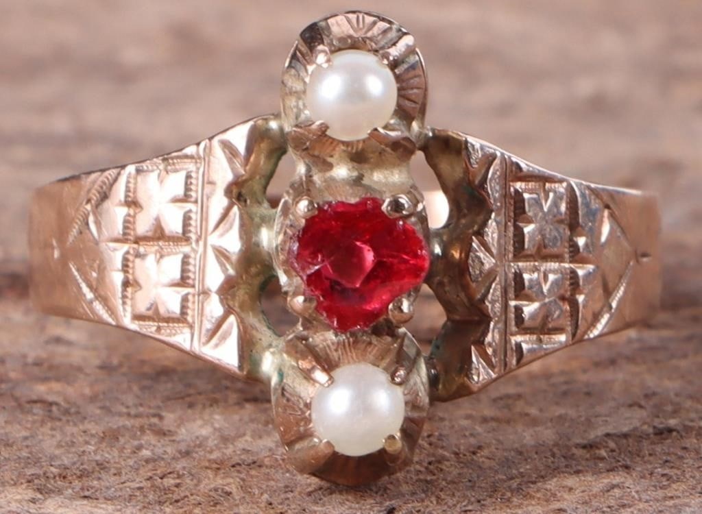 ANTIQUE 1920'S 10K GOLD RING W/ RUBY & PEARLS (1 of 3)