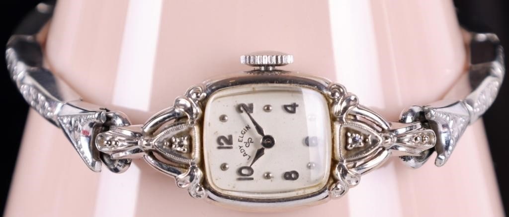 14K WHITE GOLD LADY ELGIN WRIST WATCH W/ DIAMONDS (1 of 4)