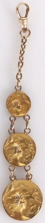 10K ROSE/YELLOW GOLD LADIES DANGLE CHAIN PENDANT: 10k rose/yellow gold ladies dangle chain pendant. The pendant is composed of three discs of increasing size connected by chains. Most of the piece is rose gold save for the face of the discs. Each
