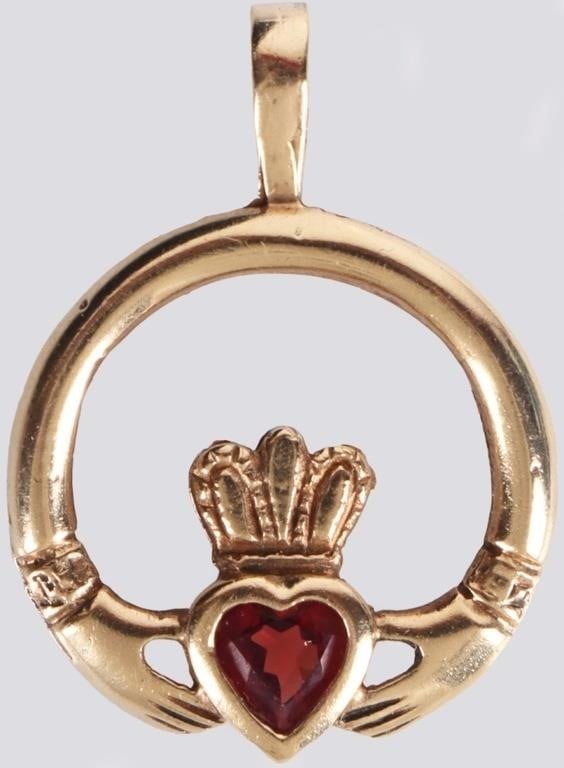 10K YELLOW GOLD LADIES ROYAL HEART PENDANT: 10k yellow gold ladies royal heart pendant. The piece is sculpted in a circle, with most of the circumference being plain save for two hands at the ends. These hand hold a crowned heart with a heart-c