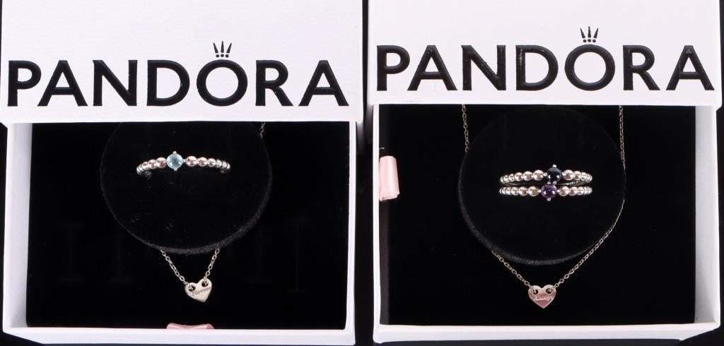 PANDORA STERLING SILVER NECKLACE & RING LOT (5): This lot contains 5 Pandora pieces. There are 3 stackable beaded rings. Each with a birthstone colored stone and are size 9. There is also the Forever & Always splittable heart collier necklace that m