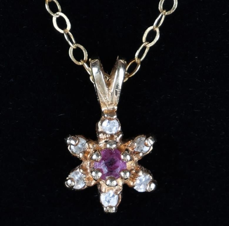 10K YELLOW GOLD LADIES NECKLACE W/ DIAMONDS & RUBY (1 of 4)