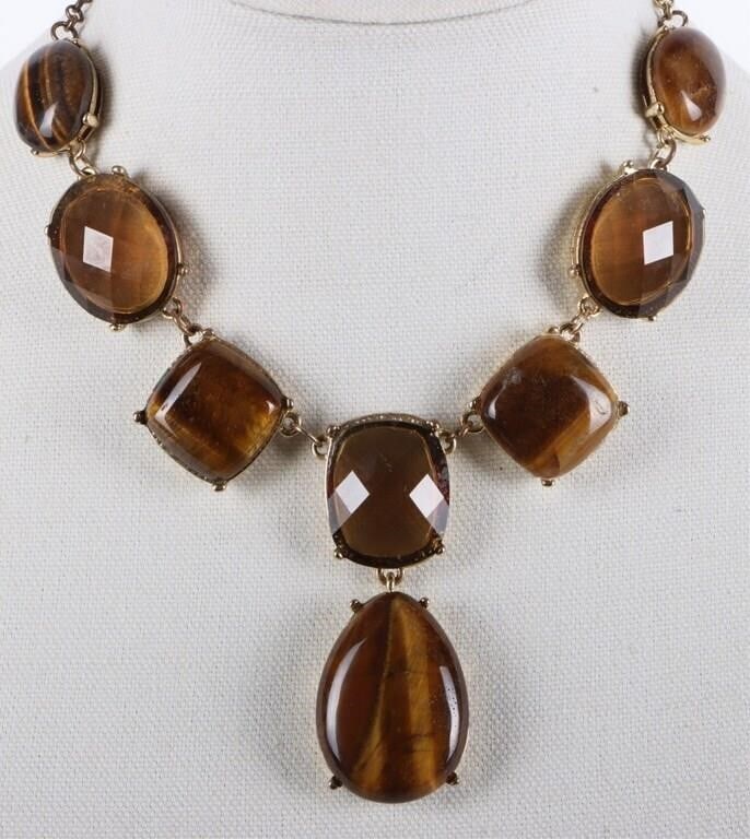 MONET LADIES NECKLACE W/ TIGER'S EYE STONES: Monet ladies fashion necklace with an alternating pattern of coffee-colored stones and tiger's eye stones. Stone Type: Tigers Eye Size: 18.5" long Condition: See pictures