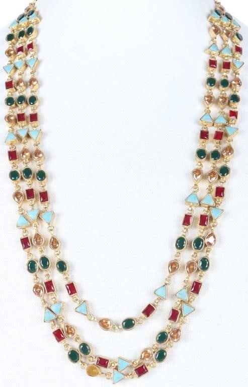 THREE-LAYER RHINESTONE GOLD TONE NECKLACE: Three-layer rhinestone gold tone necklace with twine. Necklace is heavy and has resin and enameled details. Size: 28" Length Condition: See images.
